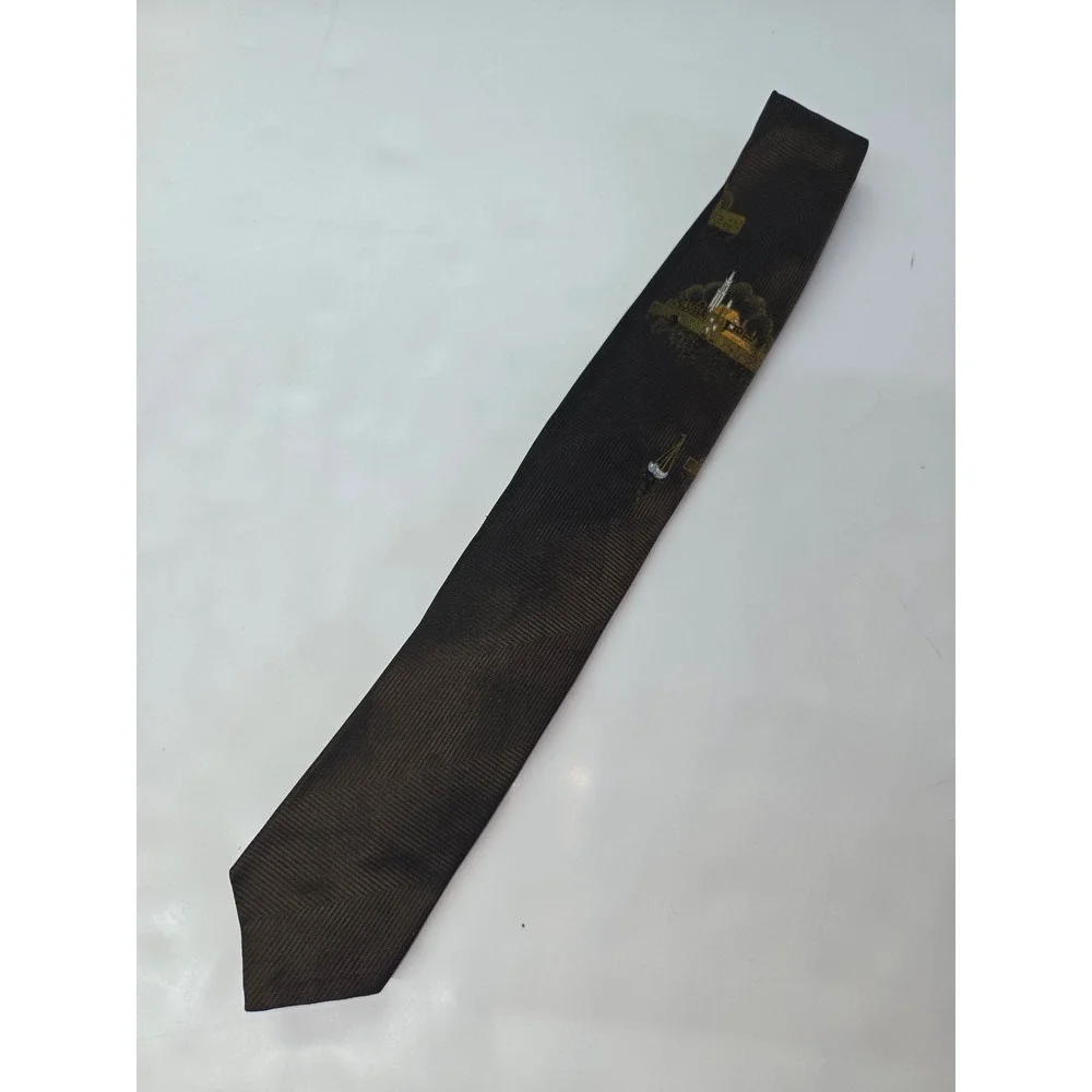 Metcalf Vintage Mens Brown Silk Scenic Embroidered Skinny Necktie 2 Inch Width